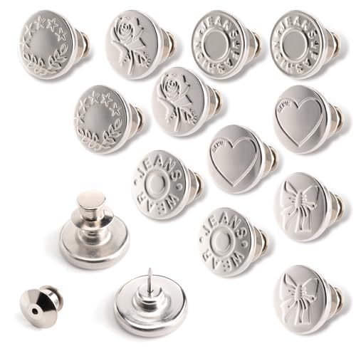 GrueGard Jeansknopf ohne Nähen, 12 Stücke 17mm Verstellbarer Ersatz-Knopf Hosen Enger Machen, DIY Hosenknöpfe für Jeansreparatur & Größenanpassung (Silber) von GrueGard