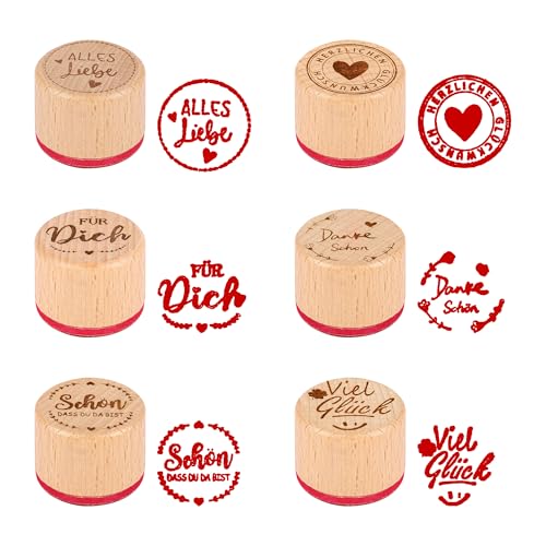 6er-Set Holzstempel – Rundes Stempelset mit deutschen Sprüchen für Basteln, Karten, Scrapbooking & Bullet Journal – Schön dass du da bist, Viel Glück, Alles Liebe von Grünara