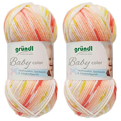 2x50 Gramm Gründl Baby Uni/ Baby Color Wolle Set inkl. Anleitung für ein Baby Teddybär (01 Orange Color) von Gründl