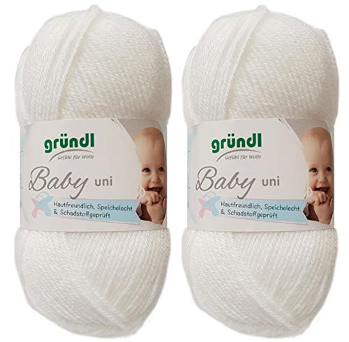 2x50 Gramm Gründl Baby Uni/ Baby Color Wolle Set inkl. Anleitung für ein Baby Teddybär (01 Weiss Uni) von Gründl