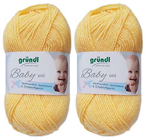 2x50 Gramm Gründl Baby Uni/ Baby Color Wolle Set inkl. Anleitung für ein Baby Teddybär (02 Gelb Uni) von Gründl