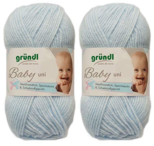 2x50 Gramm Gründl Baby Uni/ Baby Color Wolle Set inkl. Anleitung für ein Baby Teddybär (03 Hellblau Uni) von Gründl