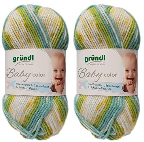 2x50 Gramm Gründl Baby Uni/ Baby Color Wolle Set inkl. Anleitung für ein Baby Teddybär (04 Grün Color) von Gründl