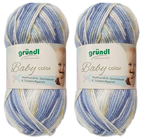 2x50 Gramm Gründl Baby Uni/ Baby Color Wolle Set inkl. Anleitung für ein Baby Teddybär (05 Blau Color) von Gründl