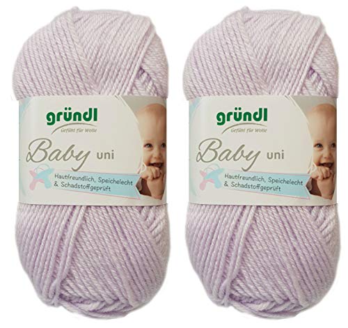 2x50 Gramm Gründl Baby Uni/ Baby Color Wolle Set inkl. Anleitung für ein Baby Teddybär (06 Flieder Uni) von Gründl