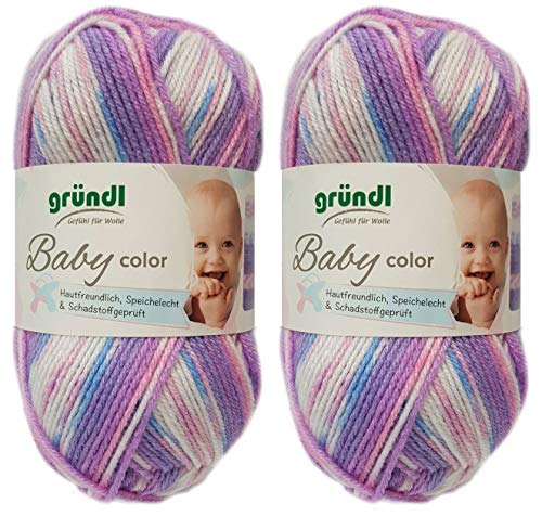 2x50 Gramm Gründl Baby Uni/ Baby Color Wolle Set inkl. Anleitung für ein Baby Teddybär (07 Flieder Color) von Gründl