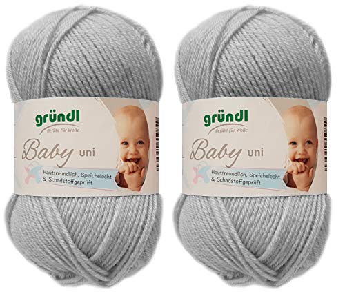2x50 Gramm Gründl Baby Uni/ Baby Color Wolle Set inkl. Anleitung für ein Baby Teddybär (09 Hellgrau Uni) von Gründl