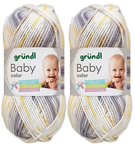 2x50 Gramm Gründl Baby Uni/ Baby Color Wolle Set inkl. Anleitung für ein Baby Teddybär (10 Grau Gelb Color) von Gründl