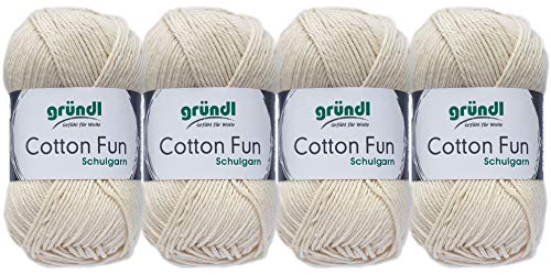 Gründl 4x50 Gramm Cotton Fun Woll Set SB Pack inkl. Anleitung für EIN Einkaufsnetz, Einkaufstasche mit Häkelnadel (02 Creme) von Gründl