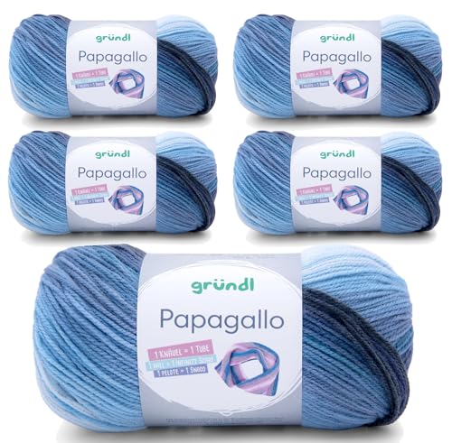 5 x 100g Wolle Set Farbverlaufswolle Gründl Papagallo Häkelwolle, Strickgarn blau (01) von Gründl