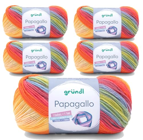 5 x 100g Wolle Set Farbverlaufswolle Gründl Papagallo Häkelwolle, Strickgarn regenbogen (02) von Gründl
