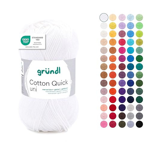 Gründl Wolle Cotton Quick uni - dünne Wolle zum Häkeln - Strickgarn - Häkelgarn - Glänzend und hautfreundlich - 100 % Baumwolle - 1 Knäuel 50 g / 125 m - Nadelstärke 3 - 4 - Weiß von Gründl