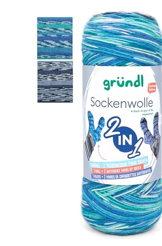 Gründl 2-in-1 Sockenwolle, 75% Schurwolle 25% Polyamid, 200g/840m, für 2 Paar Socken, Nadelstärke 2-3mm (01) von Gründl