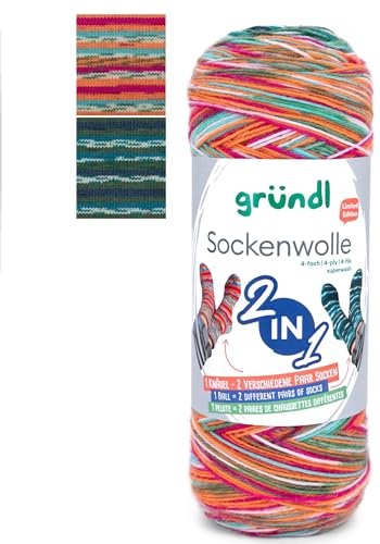 Gründl 2-in-1 Sockenwolle, 75% Schurwolle 25% Polyamid, 200g/840m, für 2 Paar Socken, Nadelstärke 2-3mm (02) von Gründl