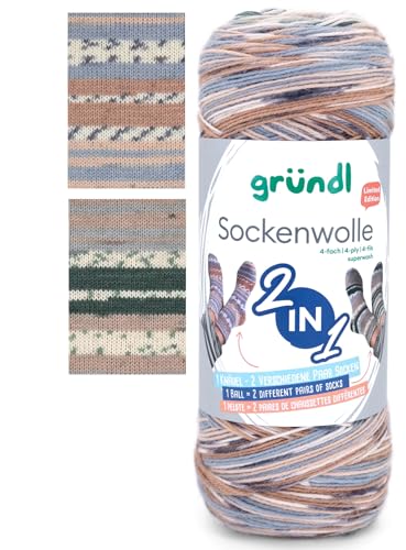 Gründl 2-in-1 Sockenwolle, 75% Schurwolle 25% Polyamid, 200g/840m, für 2 Paar Socken, Nadelstärke 2-3mm (05) von Gründl