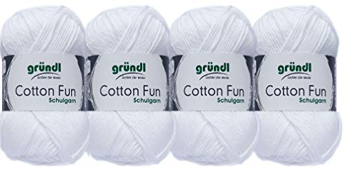 Gründl 4x50 Gramm Cotton Fun Woll Set SB Pack inkl. Anleitung für EIN Einkaufsnetz, Einkaufstasche mit Häkelnadel (01 Weiss) von Gründl