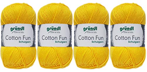Gründl 4x50 Gramm Cotton Fun Woll Set SB Pack inkl. Anleitung für EIN Einkaufsnetz, Einkaufstasche mit Häkelnadel (04 Gelb) von Gründl