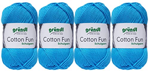 Gründl 4x50 Gramm Cotton Fun Woll Set SB Pack inkl. Anleitung für EIN Einkaufsnetz, Einkaufstasche mit Häkelnadel (09 Hellblau) von Gründl