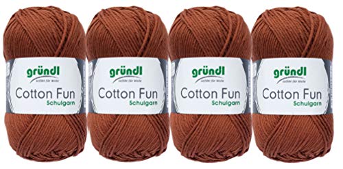 Gründl 4x50 Gramm Cotton Fun Woll Set SB Pack inkl. Anleitung für EIN Einkaufsnetz, Einkaufstasche mit Häkelnadel (14 Nougat) von Gründl