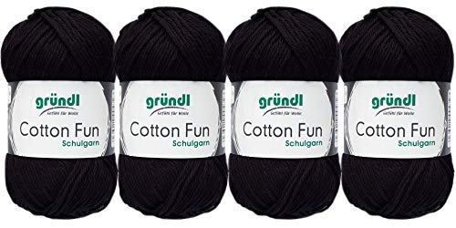 Gründl 4x50 Gramm Cotton Fun Woll Set SB Pack inkl. Anleitung für EIN Einkaufsnetz, Einkaufstasche mit Häkelnadel (16 Schwarz) von Gründl