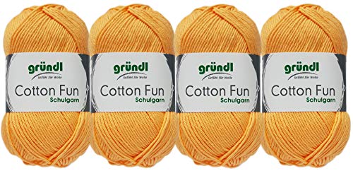 Gründl 4x50 Gramm Cotton Fun Woll Set SB Pack inkl. Anleitung für EIN Einkaufsnetz, Einkaufstasche mit Häkelnadel (17 Aprikose) von Gründl