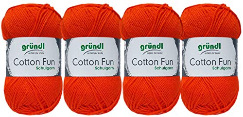 Gründl 4x50 Gramm Cotton Fun Woll Set SB Pack inkl. Anleitung für EIN Einkaufsnetz, Einkaufstasche mit Häkelnadel (18 Orange) von Gründl
