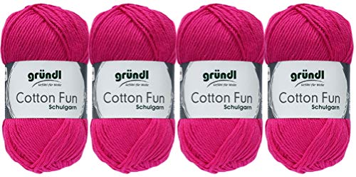 Gründl 4x50 Gramm Cotton Fun Woll Set SB Pack inkl. Anleitung für EIN Einkaufsnetz, Einkaufstasche mit Häkelnadel (20 Pink) von Gründl