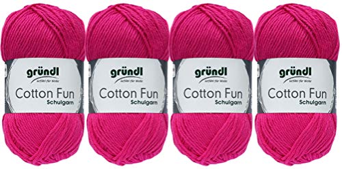 Gründl 4x50 Gramm Cotton Fun Woll Set SB Pack inkl. Anleitung für EIN Einkaufsnetz, Einkaufstasche mit Häkelnadel (20 Pink) von Gründl