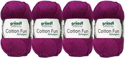 Gründl 4x50 Gramm Cotton Fun Woll Set SB Pack inkl. Anleitung für EIN Einkaufsnetz, Einkaufstasche mit Häkelnadel (21 Violett) von Gründl