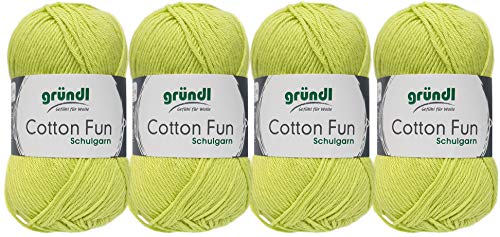 Gründl 4x50 Gramm Cotton Fun Woll Set SB Pack inkl. Anleitung für EIN Einkaufsnetz, Einkaufstasche mit Häkelnadel (23 Apfel) von Gründl