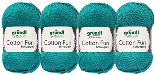 Gründl 4x50 Gramm Cotton Fun Woll Set SB Pack inkl. Anleitung für EIN Einkaufsnetz, Einkaufstasche mit Häkelnadel (24 Jade) von Gründl