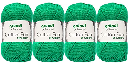 Gründl 4x50 Gramm Cotton Fun Woll Set SB Pack inkl. Anleitung für EIN Einkaufsnetz, Einkaufstasche mit Häkelnadel (26 Smaragd) von Gründl