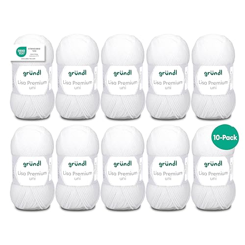 Gründl Wolle Lisa Premium uni - 10 x 50 g - Wolle zum Häkeln - Wolle zum Stricken - 100 % Polyacryl- Weich & Pflegeleicht- Nadelstärke 3,5-4,5 - Weiß von Gründl
