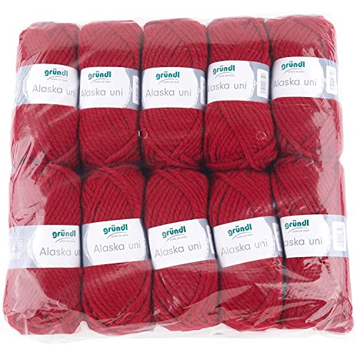 Gründl Alaska uni (Strick- und Häkelgarn mit wollartigem Charakter aus 80% Polyacryl und 20% Wolle, 100 g / 75 m, Nadelstärke: 10 mm - 12 mm, 10 x 100 g), rot von Gründl
