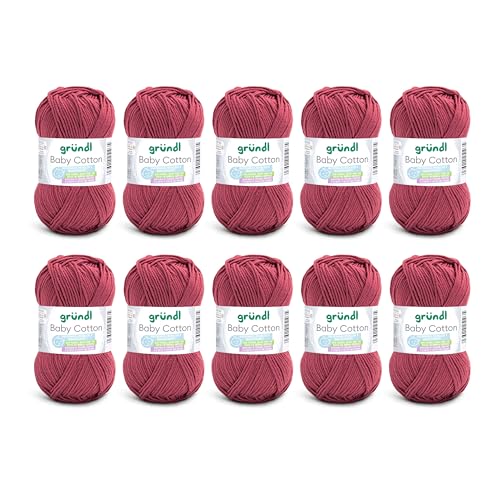 Gründl Baby Cotton Wolle zum Stricken und Häkeln, Babywolle aus 50% Baumwolle, 50% Polyacryl, strapazierfähig und pflegeleicht, 50 g / 140 m, Nadelstärke: 3,5-4,5, 10 x 50 g), bordeaux von Gründl