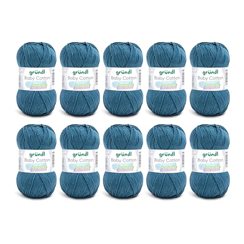 Gründl Baby Cotton Wolle zum Stricken und Häkeln, Babywolle aus 50% Baumwolle, 50% Polyacryl, strapazierfähig und pflegeleicht, 50 g / 140 m, Nadelstärke: 3,5-4,5, 10 x 50 g), petrol von Gründl