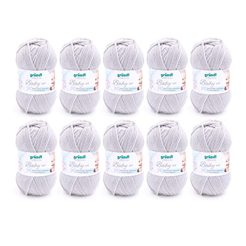 Gründl Wolle Baby uni - weiche Wolle zum Häkeln und Stricken - Babywolle - Babygarn - Weich und hautfreundlich - 70 % Polyacryl,30 % Polyamid - 10 Knäuel 50 g / 150 m - Nadelstärke 3,5 -4,5 - hellgrau von Gründl