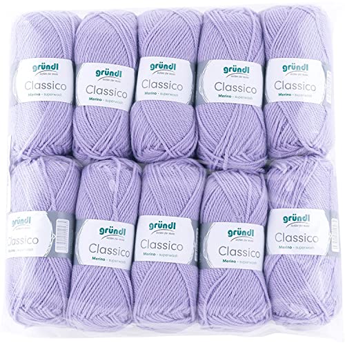 Gründl Classico Wolle (OEKO-TEX® zertifiziertes Strickgarn aus 50 % Schurwolle (Merino ) & 50 % Polyacryl, 50 g/120 m, Nadelstärke: 3,5 - 4,5, 10 Knäuel á 50 g), Flieder von Gründl