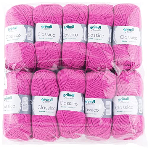 Gründl Classico Wolle (OEKO-TEX® zertifiziertes Strickgarn / Häkelgarn aus 50 % Schurwolle (Merino superwash) & 50 % Polyacryl, 50 g/120 m, Nadelstärke: 3,5 - 4,5, 10 Knäuel á 50 g), Fuchsia von Gründl