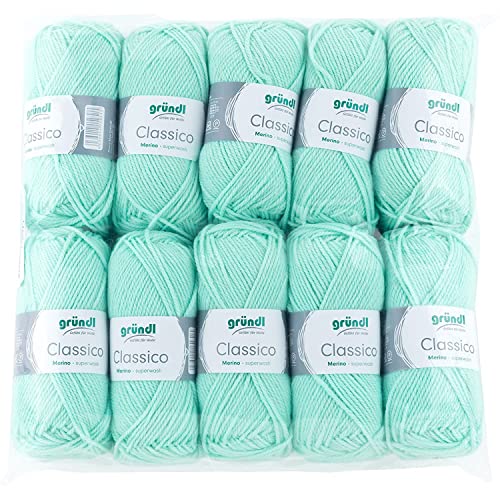 Gründl Classico Wolle (OEKO-TEX® zertifiziertes Strickgarn aus 50 % Schurwolle (Merino ) & 50 % Polyacryl, 50 g/120 m, Nadelstärke: 3,5 - 4,5, 10 Knäuel á 50 g), Mint von Gründl