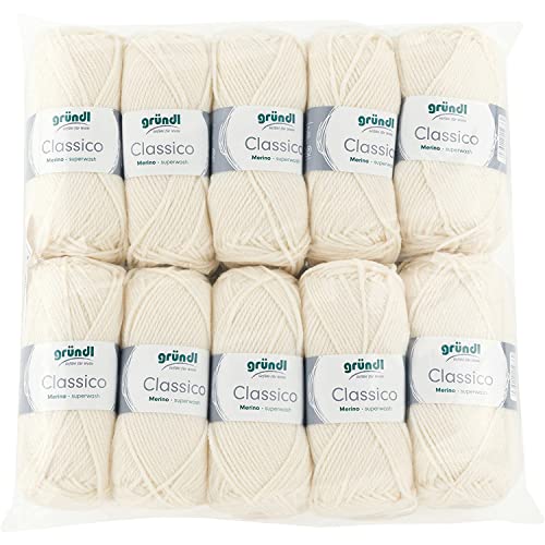 Gründl Classico Wolle (OEKO-TEX® zertifiziertes Strickgarn aus 50 % Schurwolle (Merino ) & 50 % Polyacryl, 50 g/120 m, Nadelstärke: 3,5 - 4,5, 10 Knäuel á 50 g), Creme von Gründl