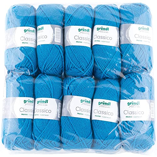 Gründl Classico Wolle (OEKO-TEX® zertifiziertes Strickgarn / Häkelgarn aus 50 % Schurwolle (Merino superwash) & 50 % Polyacryl, 50 g/120 m, Nadelstärke: 3,5 - 4,5, 10 Knäuel á 50 g), Enzianblau von Gründl