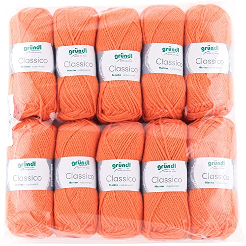 Gründl Classico Wolle (OEKO-TEX® zertifiziertes Strickgarn aus 50 % Schurwolle (Merino ) & 50 % Polyacryl, 50 g/120 m, Nadelstärke: 3,5 - 4,5, 10 Knäuel á 50 g), Orange von Gründl
