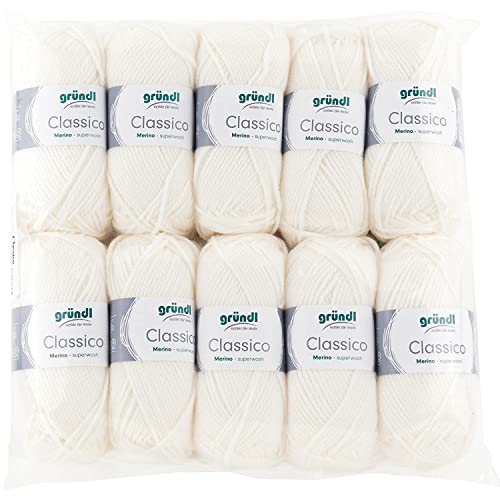 Gründl Classico Wolle (OEKO-TEX® zertifiziertes Strickgarn aus 50% Schurwolle (Merino) & 50% Polyacryl, 50 g/120 m, Nadelstärke: 3,5-4,5, 10 Knäuel á 50 g), Weiß von Gründl