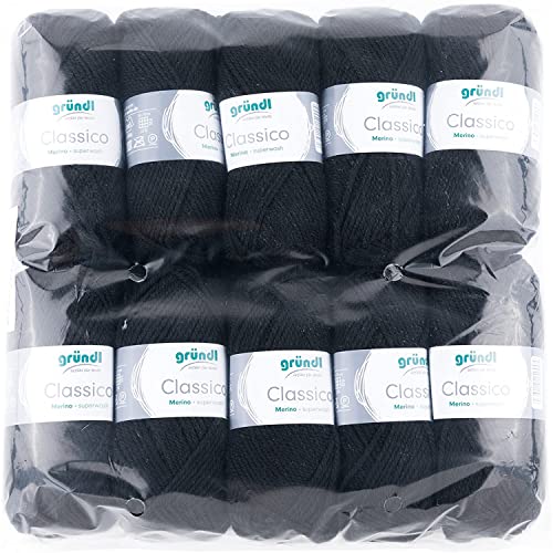 Gründl Classico Wolle (OEKO-TEX® zertifiziertes Strickgarn aus 50 % Schurwolle (Merino ) & 50 % Polyacryl, 50 g/120 m, Nadelstärke: 3,5 - 4,5, 10 Knäuel á 50 g), Schwarz von Gründl