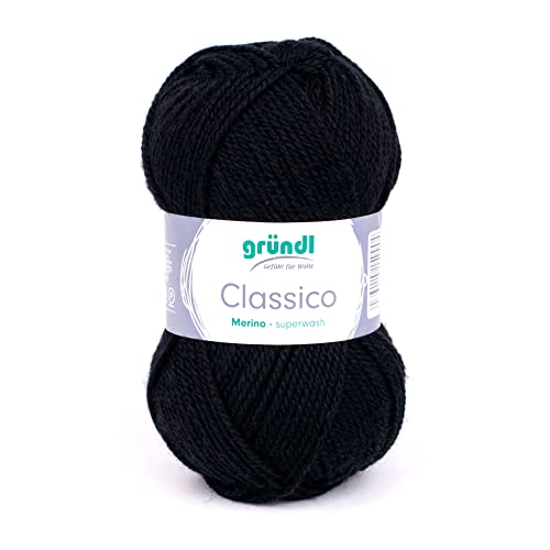 Gründl Classico Wolle (OEKO-TEX® zertifiziertes Strickgarn aus 50% Schurwolle (Merino) & 50% Polyacryl, 50 g/120 m, Nadelstärke: 3,5-4,5, 1 Knäuel á 50 g), Schwarz, von Gründl