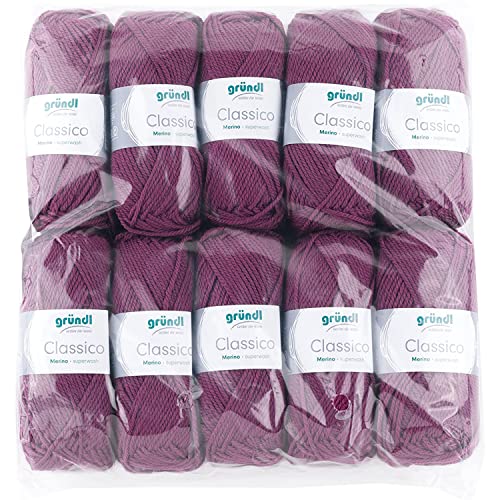 Gründl Classico Wolle (OEKO-TEX® zertifiziertes Strickgarn aus 50 % Schurwolle (Merino ) & 50 % Polyacryl, 50 g/120 m, Nadelstärke: 3,5 - 4,5, 10 Knäuel á 50 g), Bordeaux von Gründl