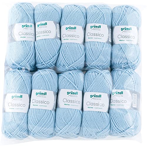 Gründl Classico Wolle (OEKO-TEX® zertifiziertes Strickgarn aus 50 % Schurwolle (Merino ) & 50 % Polyacryl, 50 g/120 m, Nadelstärke: 3,5 - 4,5, 10 Knäuel á 50 g), Hellblau von Gründl