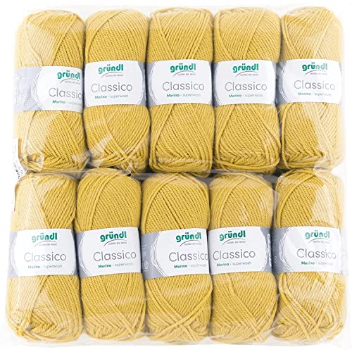 Gründl Classico Wolle (OEKO-TEX® zertifiziertes Strickgarn aus 50% Schurwolle (Merino) & 50% Polyacryl, 50 g/120 m, Nadelstärke: 3,5-4,5, 10 Knäuel á 50 g), Senf von Gründl