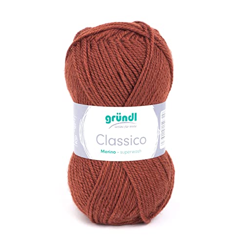 Gründl Classico Wolle (OEKO-TEX® zertifiziertes Strickgarn aus 50% Schurwolle (Merino superwash) & 50% Polyacryl, 50 g/120 m, Nadelstärke: 3,5-4,5, 1 Knäuel á 50 g), Mittelbraun von Gründl